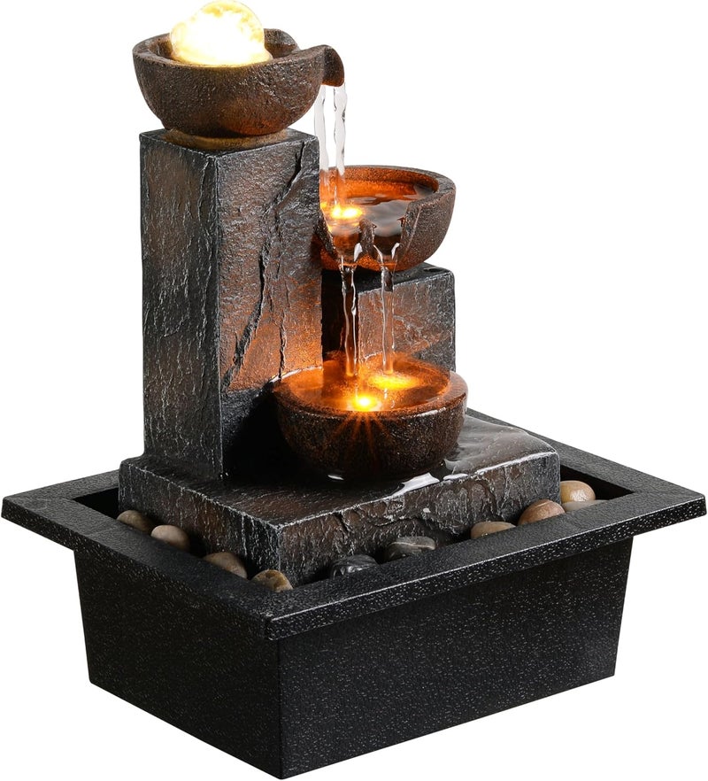 Tolevoit Three Bowls with Rotating Ball Flowing Tabletop Fountain Home Décor Indoor/Outdoor Decor Waterfall Sound Zen Mini Fountain Warm Led Light Pebbles Stone(23114) - Image 5